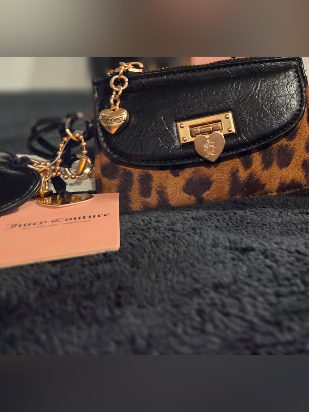 Juicy Couture black leopard print wallet with heart charm and keychain #leopard